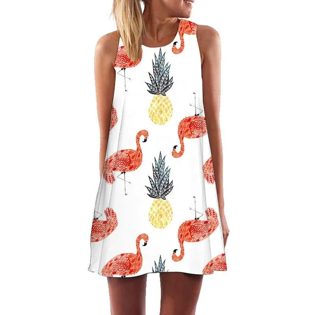 Plus Size S-3XL Sleeveless Beach Boho Dress Flamingo Floral Print Clothes Women 2018 Summer Short Shift Dresses Casual Vestido
