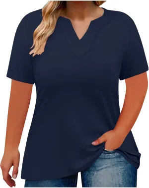 Plus Size Tops for Women 2025 Summer V Neck Short Sleeve T Shirts Solid Color Oversized Trendy Dressy Casual Blouses