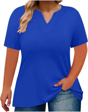 Plus Size Tops for Women 2025 Summer V Neck Short Sleeve T Shirts Solid Color Oversized Trendy Dressy Casual Blouses
