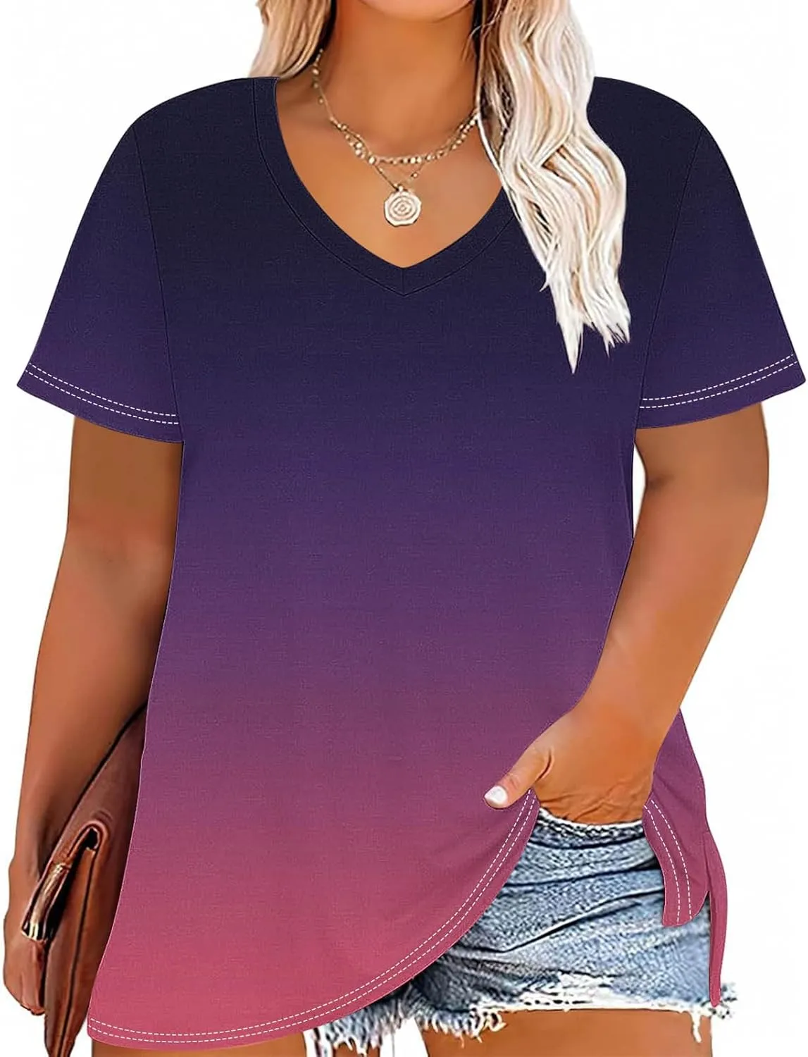 Plus Size Tops for Women Oversized Summer Basic V Neck Short Sleeve Henley Shirt 2025 Casual Gradient Tunic Blouse