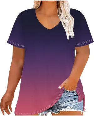 Plus Size Tops for Women Oversized Summer Basic V Neck Short Sleeve Henley Shirt 2025 Casual Gradient Tunic Blouse
