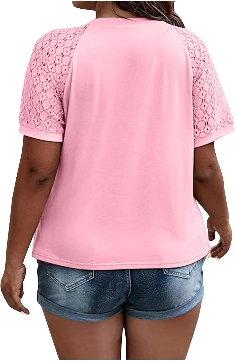 Plus Size Tops for Women Summer Lace Short Sleeve Crewneck Loose Casual Blouse Tunic T Shirts(1X-5X)
