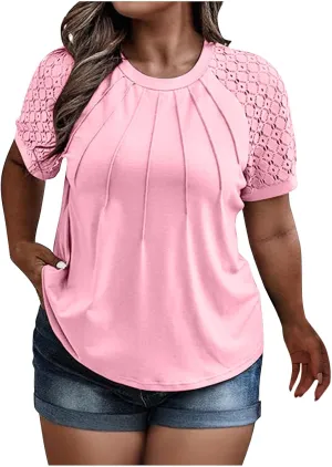 Plus Size Tops for Women Summer Lace Short Sleeve Crewneck Loose Casual Blouse Tunic T Shirts(1X-5X)
