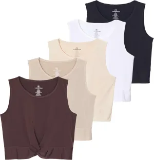 Real Essentials 5 Pack: Women's Dry-Fit Twist Front Knot Sleeveless Crop Tank Top - Dance Workout Athletic Yoga Cropped Top