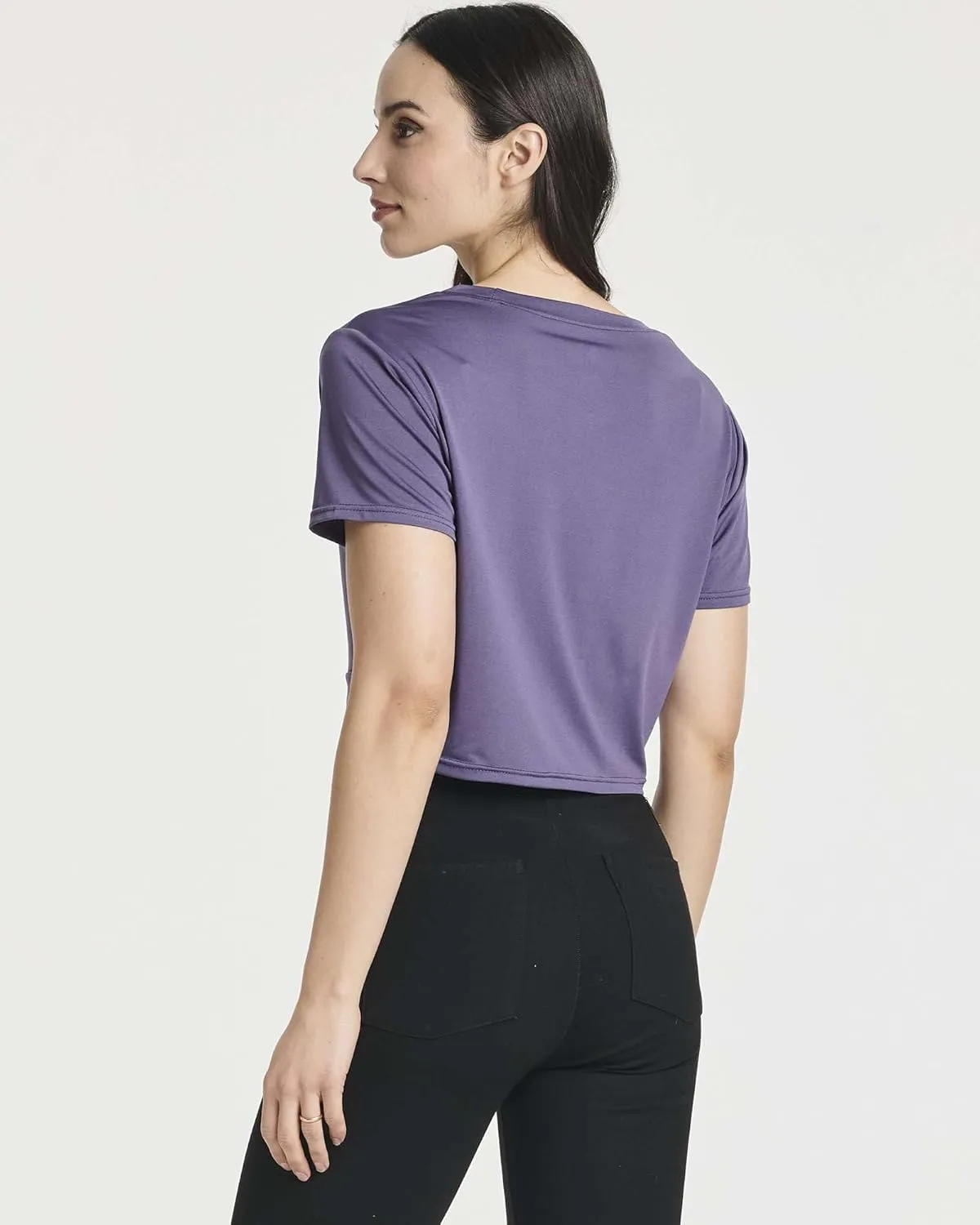 Real Essentials 5 Pack: Women's Short Sleeve Twist Front Crop Top Dry-Fit Athletic Crew Neck T-Shirt