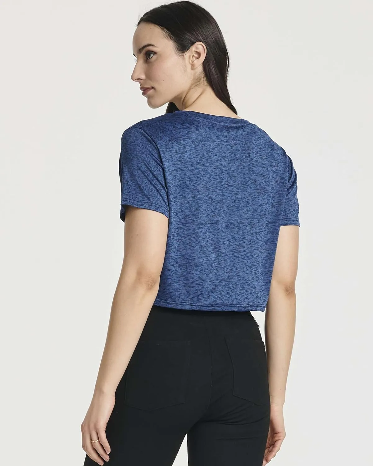 Real Essentials 5 Pack: Women's Short Sleeve Twist Front Crop Top Dry-Fit Athletic Crew Neck T-Shirt