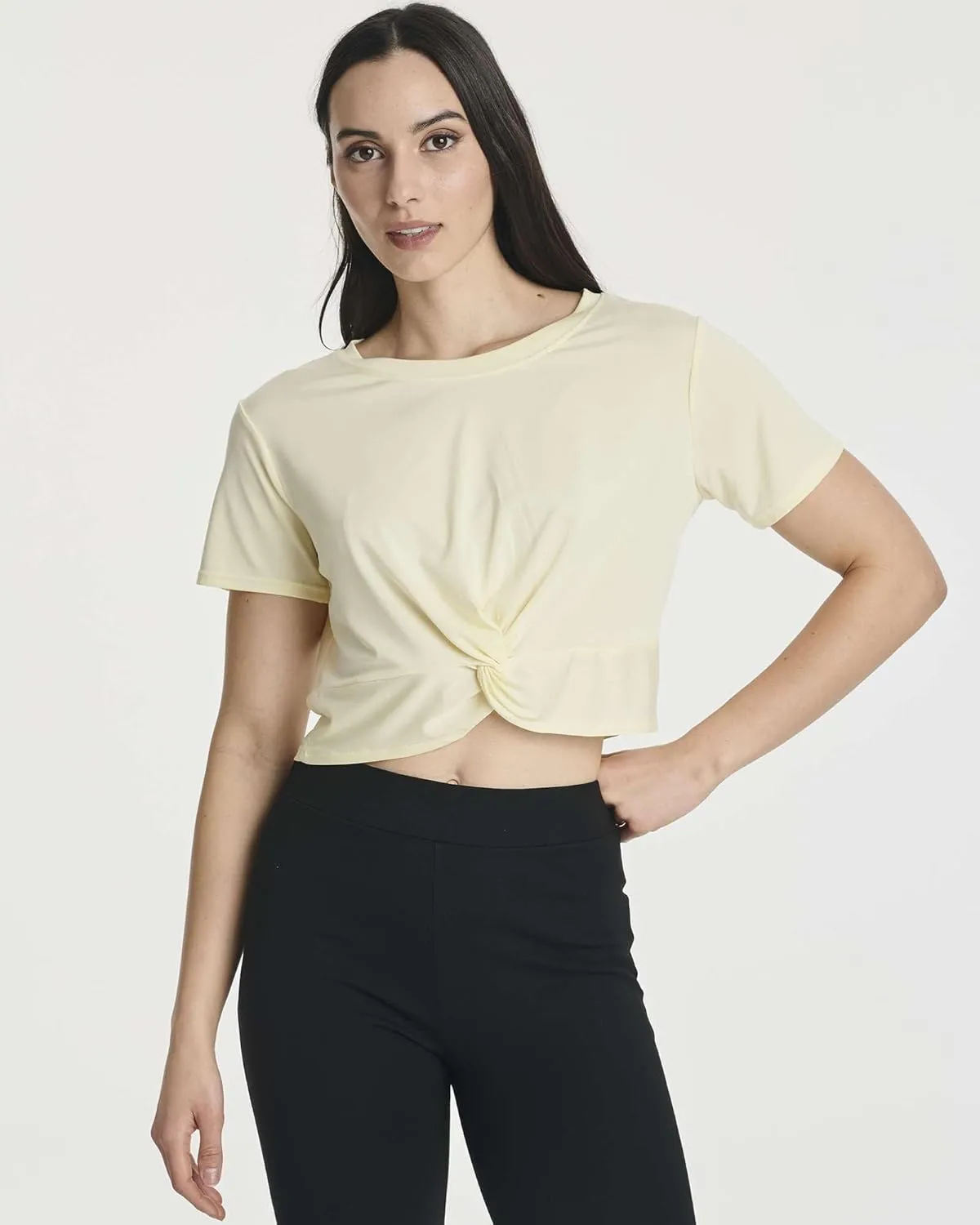Real Essentials 5 Pack: Women's Short Sleeve Twist Front Crop Top Dry-Fit Athletic Crew Neck T-Shirt