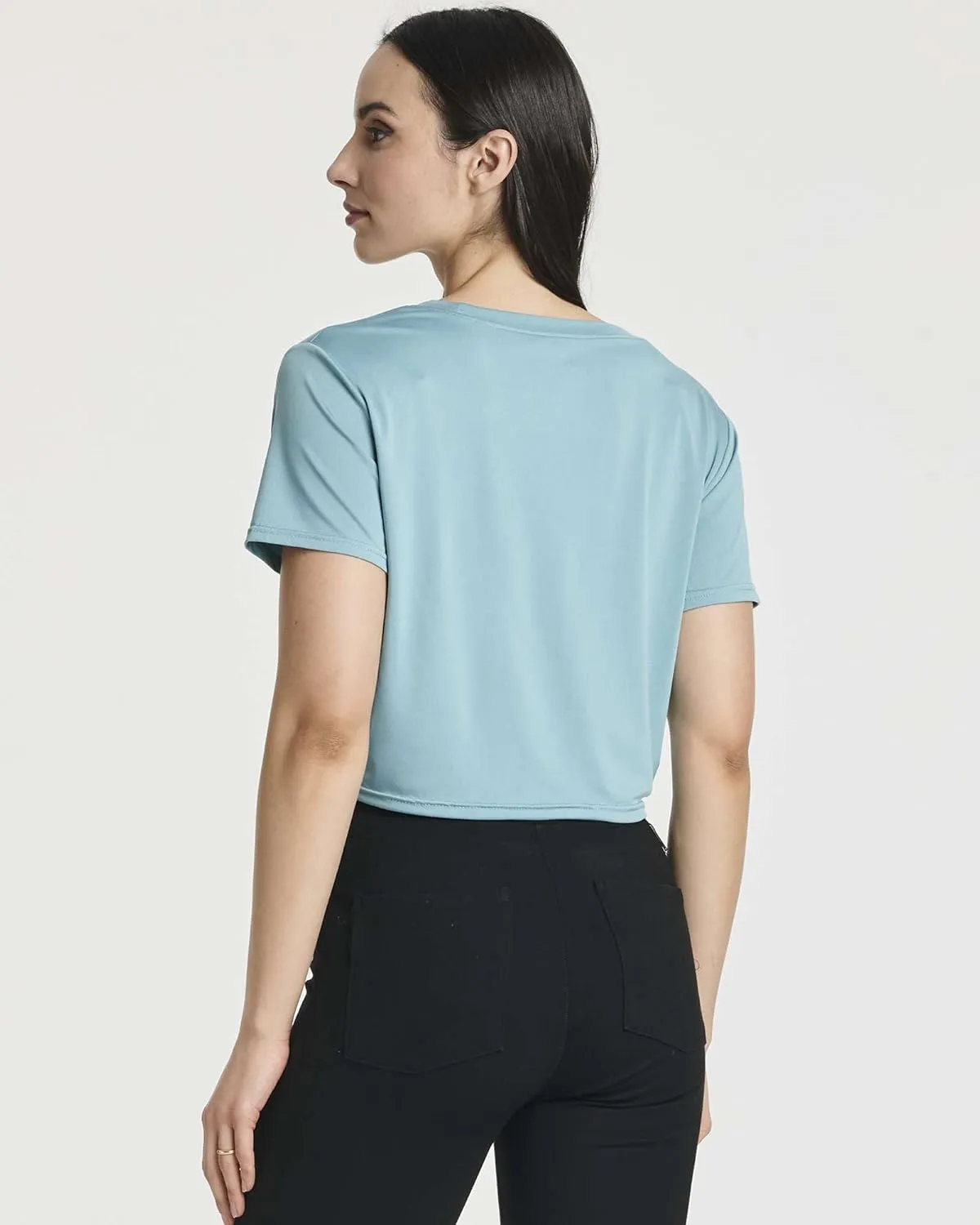 Real Essentials 5 Pack: Women's Short Sleeve Twist Front Crop Top Dry-Fit Athletic Crew Neck T-Shirt