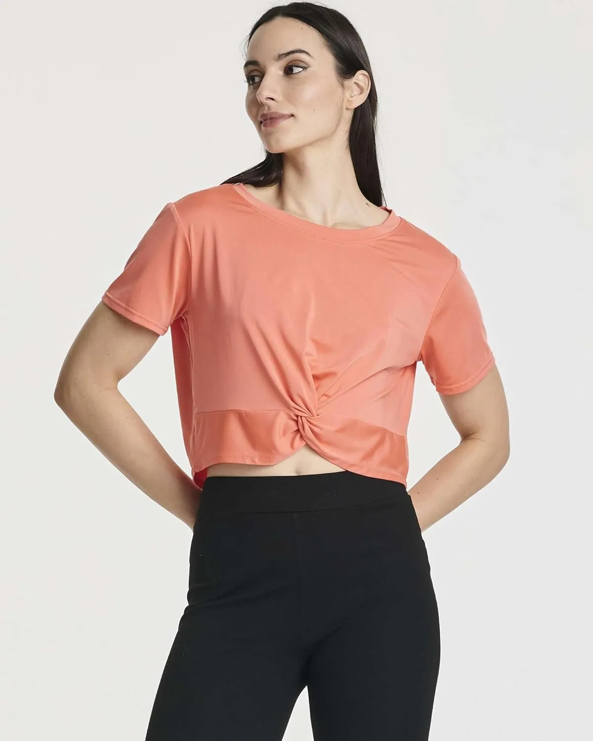 Real Essentials 5 Pack: Women's Short Sleeve Twist Front Crop Top Dry-Fit Athletic Crew Neck T-Shirt
