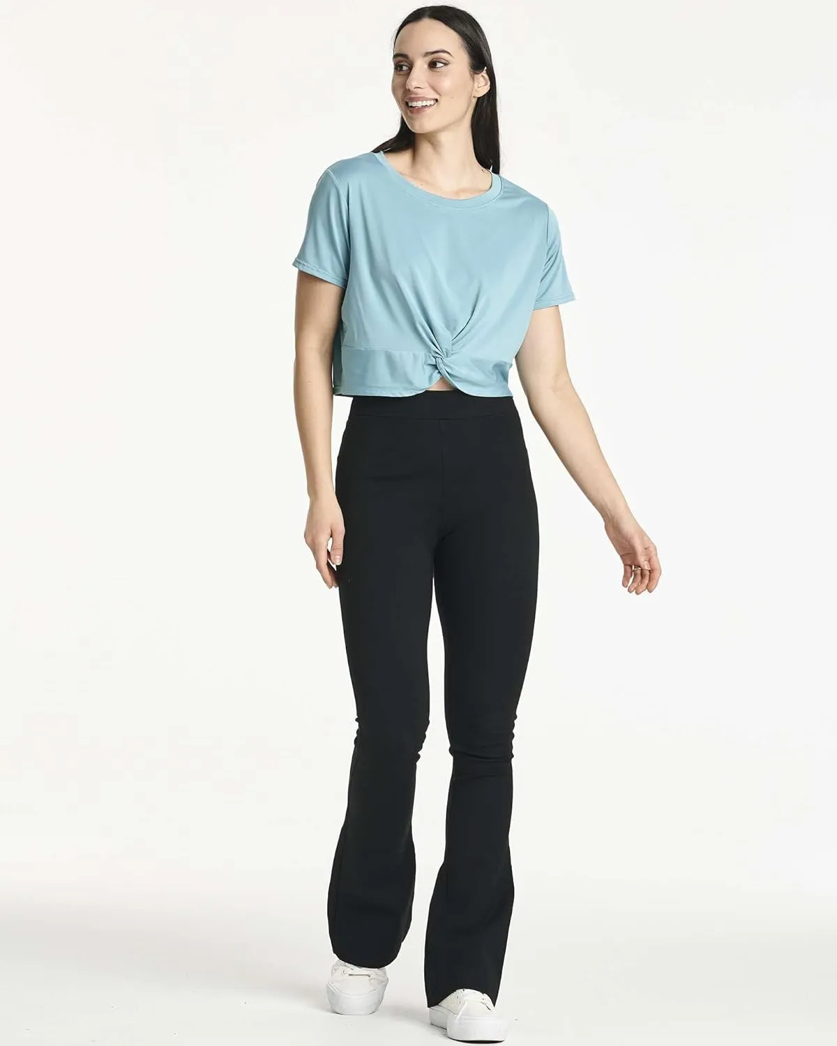 Real Essentials 5 Pack: Women's Short Sleeve Twist Front Crop Top Dry-Fit Athletic Crew Neck T-Shirt