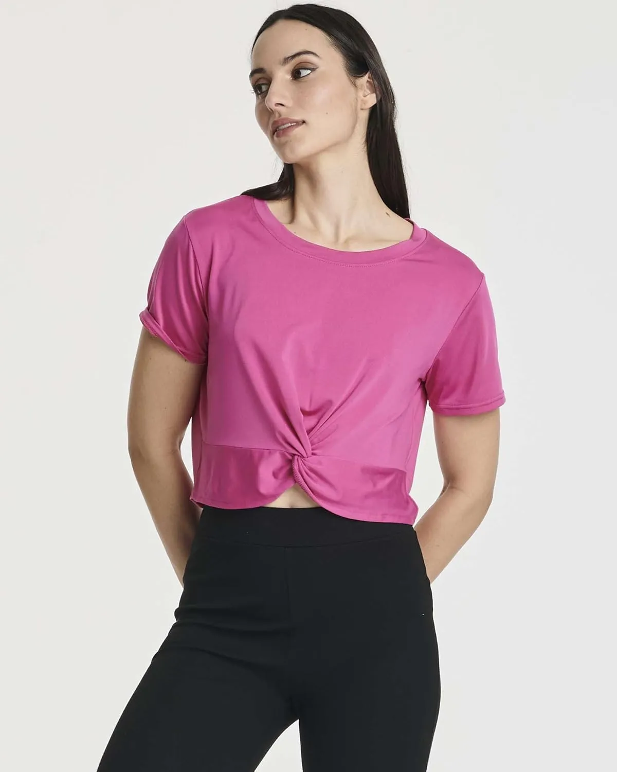 Real Essentials 5 Pack: Women's Short Sleeve Twist Front Crop Top Dry-Fit Athletic Crew Neck T-Shirt