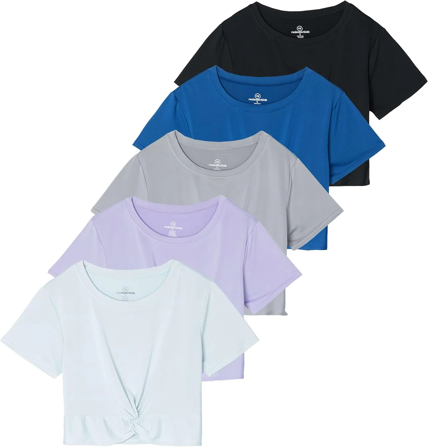 Real Essentials 5 Pack: Women's Short Sleeve Twist Front Crop Top Dry-Fit Athletic Crew Neck T-Shirt