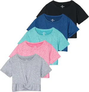 Real Essentials 5 Pack: Women's Short Sleeve Twist Front Crop Top Dry-Fit Athletic Crew Neck T-Shirt