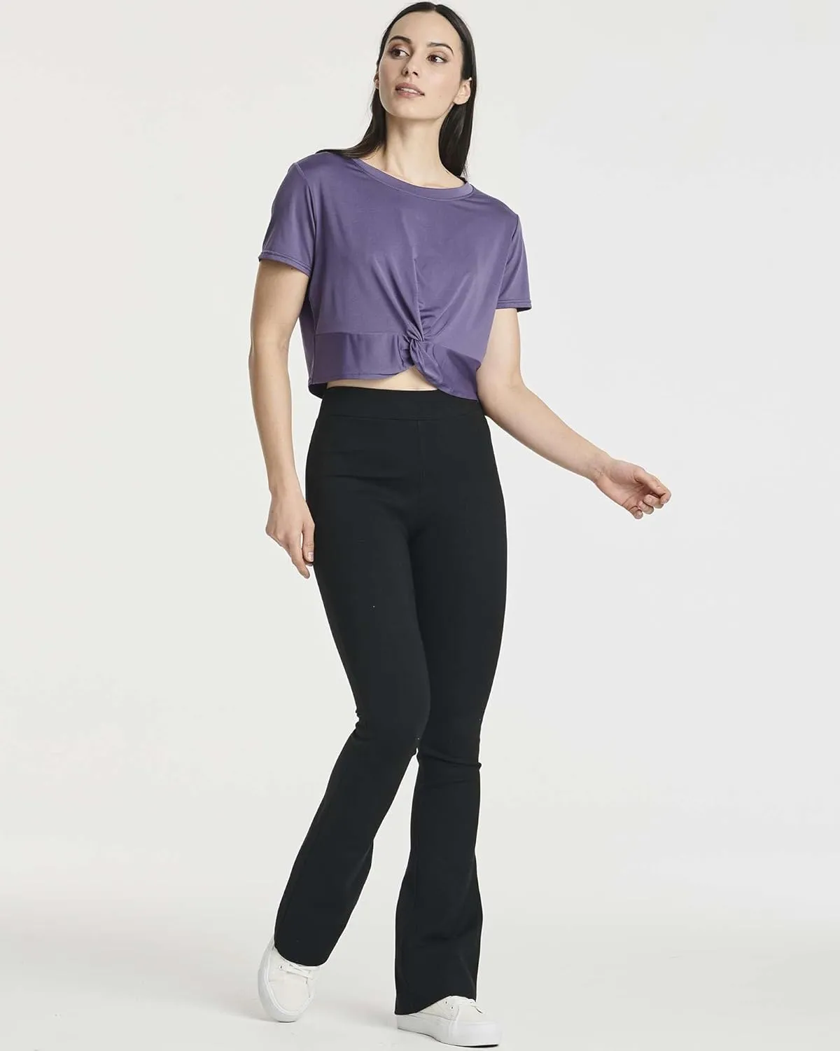 Real Essentials 5 Pack: Women's Short Sleeve Twist Front Crop Top Dry-Fit Athletic Crew Neck T-Shirt