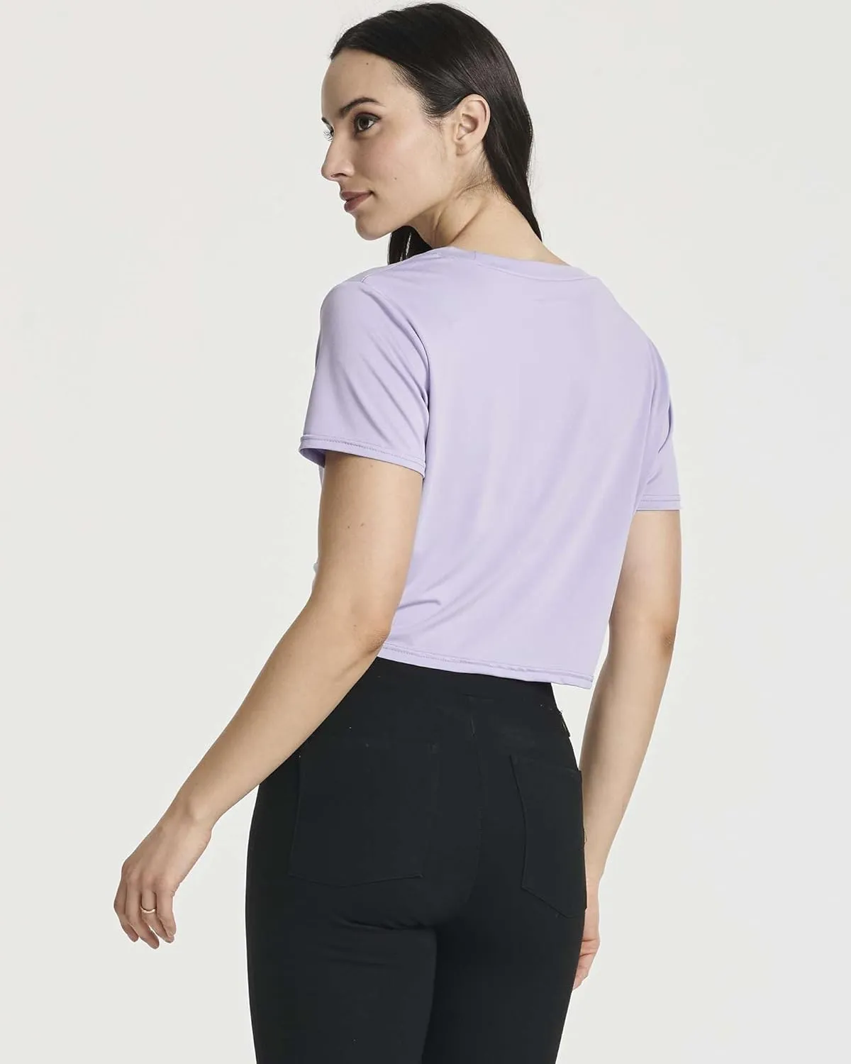 Real Essentials 5 Pack: Women's Short Sleeve Twist Front Crop Top Dry-Fit Athletic Crew Neck T-Shirt