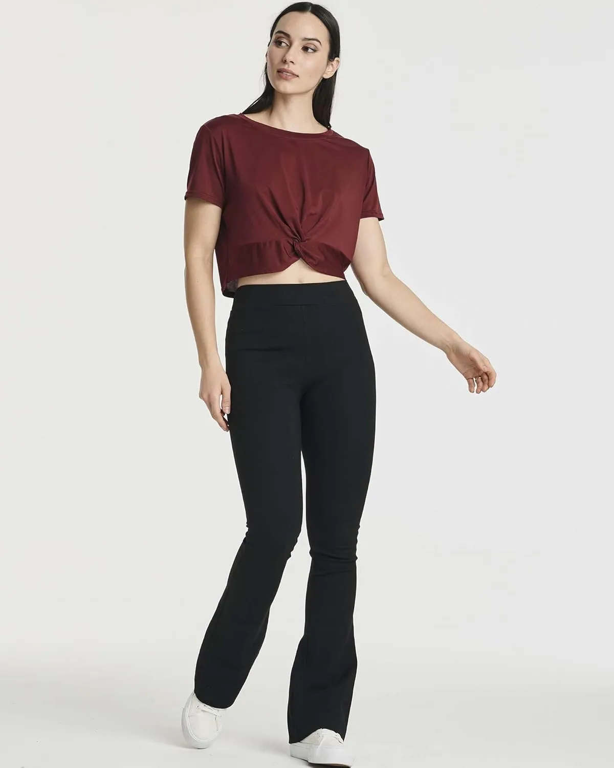 Real Essentials 5 Pack: Women's Short Sleeve Twist Front Crop Top Dry-Fit Athletic Crew Neck T-Shirt