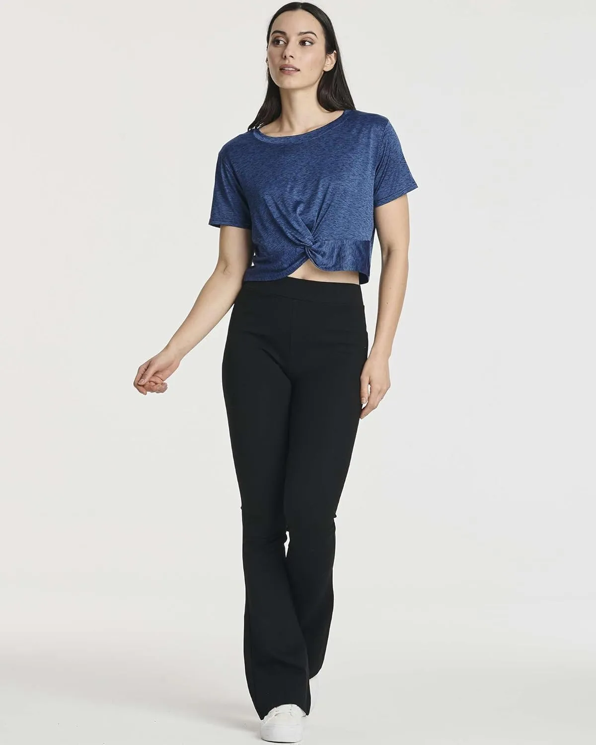 Real Essentials 5 Pack: Women's Short Sleeve Twist Front Crop Top Dry-Fit Athletic Crew Neck T-Shirt
