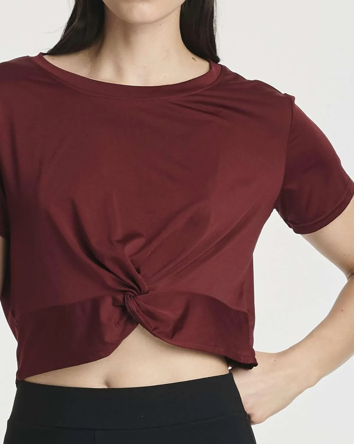 Real Essentials 5 Pack: Women's Short Sleeve Twist Front Crop Top Dry-Fit Athletic Crew Neck T-Shirt