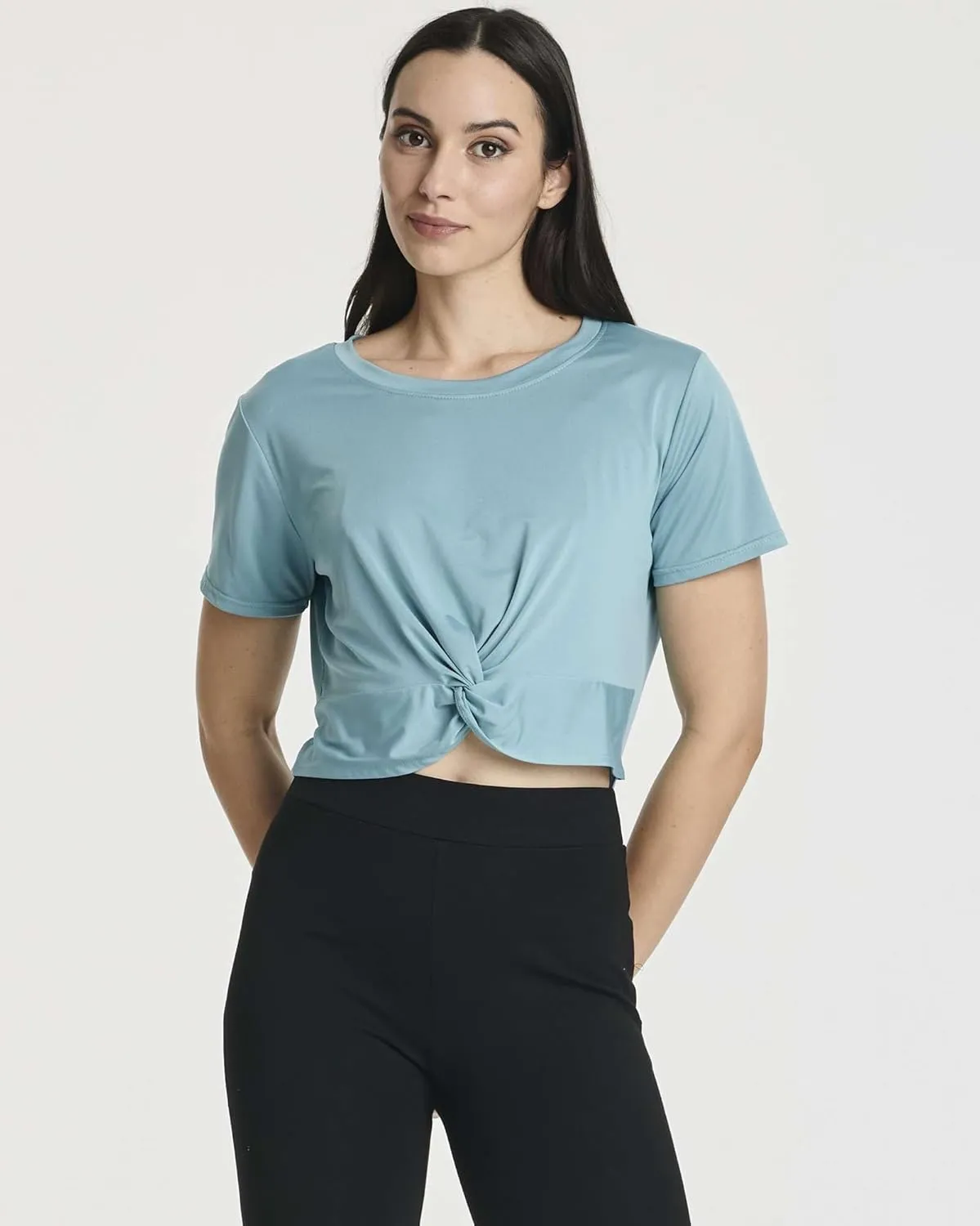 Real Essentials 5 Pack: Women's Short Sleeve Twist Front Crop Top Dry-Fit Athletic Crew Neck T-Shirt