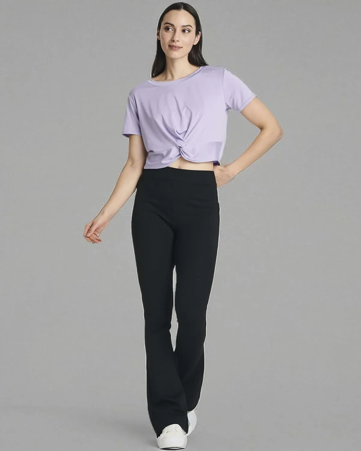 Real Essentials 5 Pack: Women's Short Sleeve Twist Front Crop Top Dry-Fit Athletic Crew Neck T-Shirt