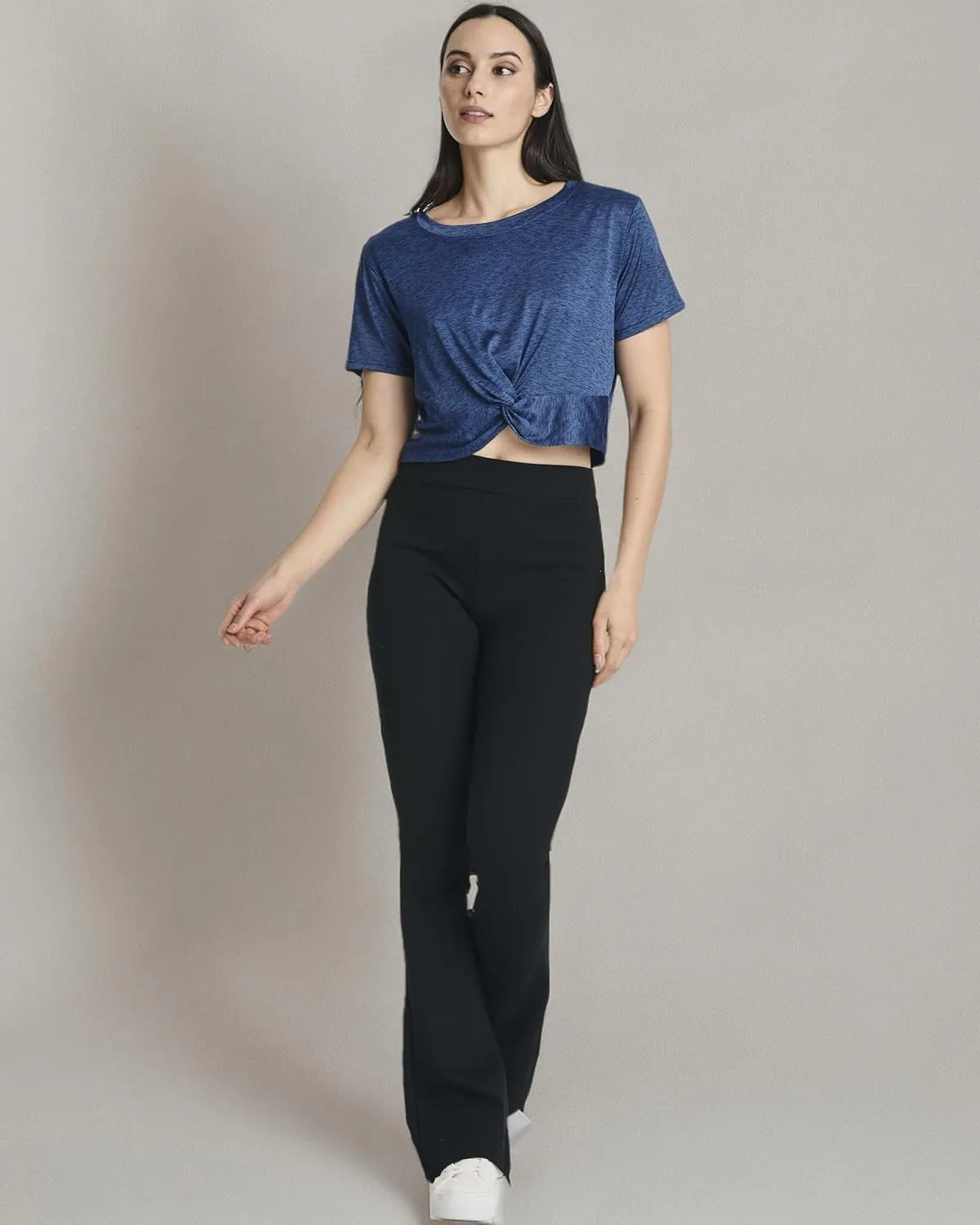 Real Essentials 5 Pack: Women's Short Sleeve Twist Front Crop Top Dry-Fit Athletic Crew Neck T-Shirt