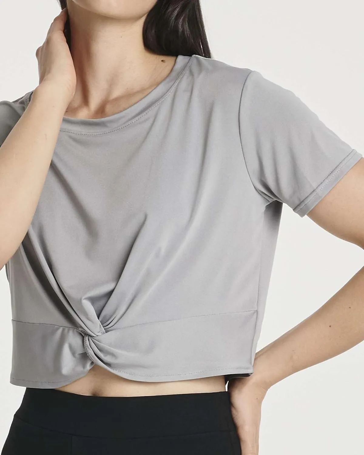 Real Essentials 5 Pack: Women's Short Sleeve Twist Front Crop Top Dry-Fit Athletic Crew Neck T-Shirt