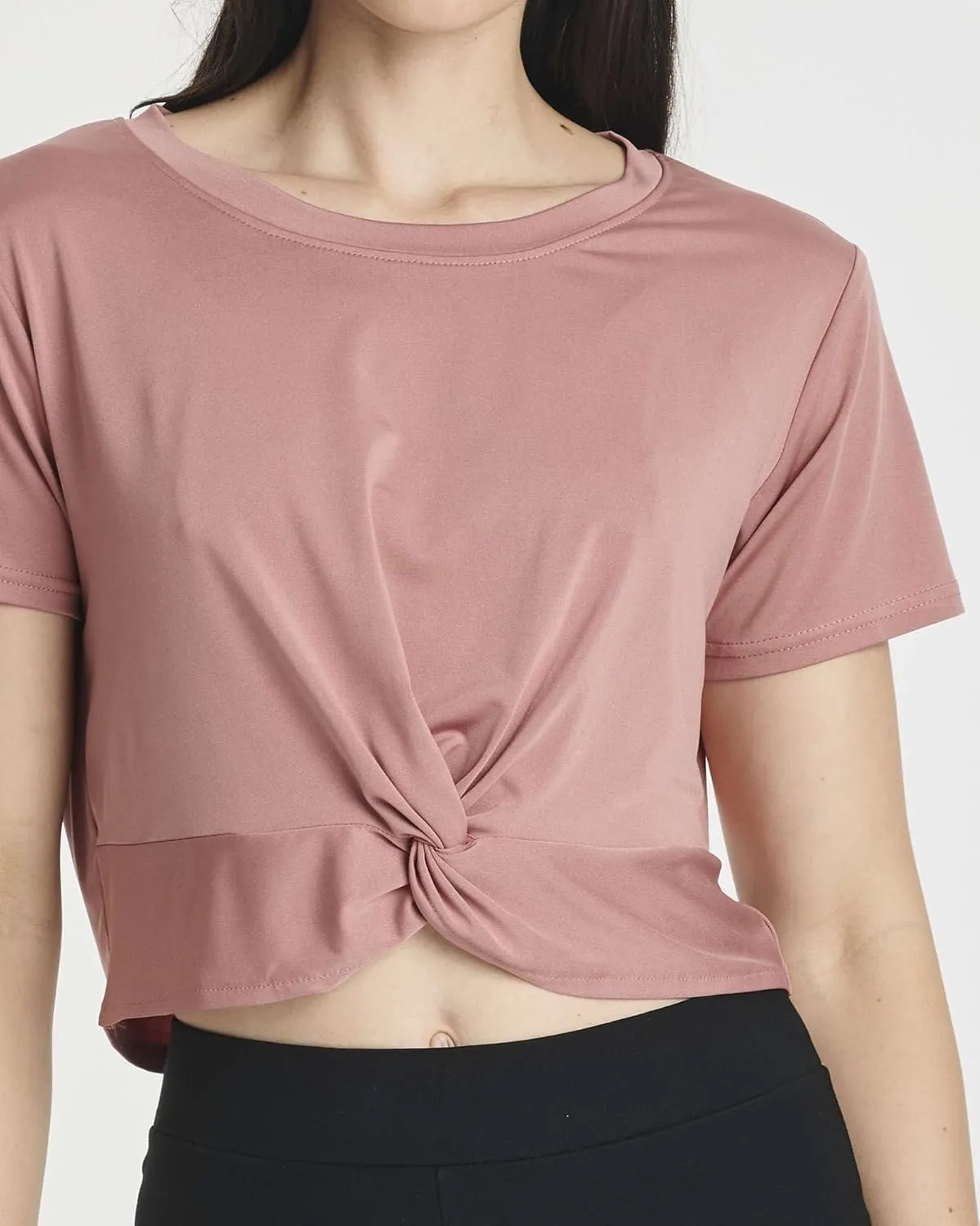 Real Essentials 5 Pack: Women's Short Sleeve Twist Front Crop Top Dry-Fit Athletic Crew Neck T-Shirt