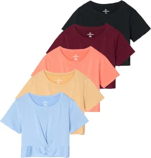Real Essentials 5 Pack: Women's Short Sleeve Twist Front Crop Top Dry-Fit Athletic Crew Neck T-Shirt