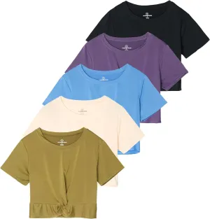 Real Essentials 5 Pack: Women's Short Sleeve Twist Front Crop Top Dry-Fit Athletic Crew Neck T-Shirt
