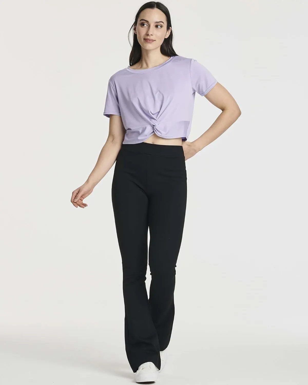 Real Essentials 5 Pack: Women's Short Sleeve Twist Front Crop Top Dry-Fit Athletic Crew Neck T-Shirt