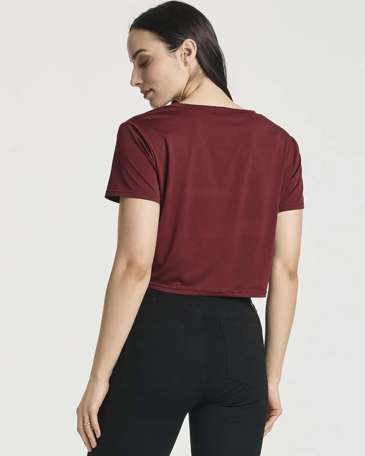 Real Essentials 5 Pack: Women's Short Sleeve Twist Front Crop Top Dry-Fit Athletic Crew Neck T-Shirt