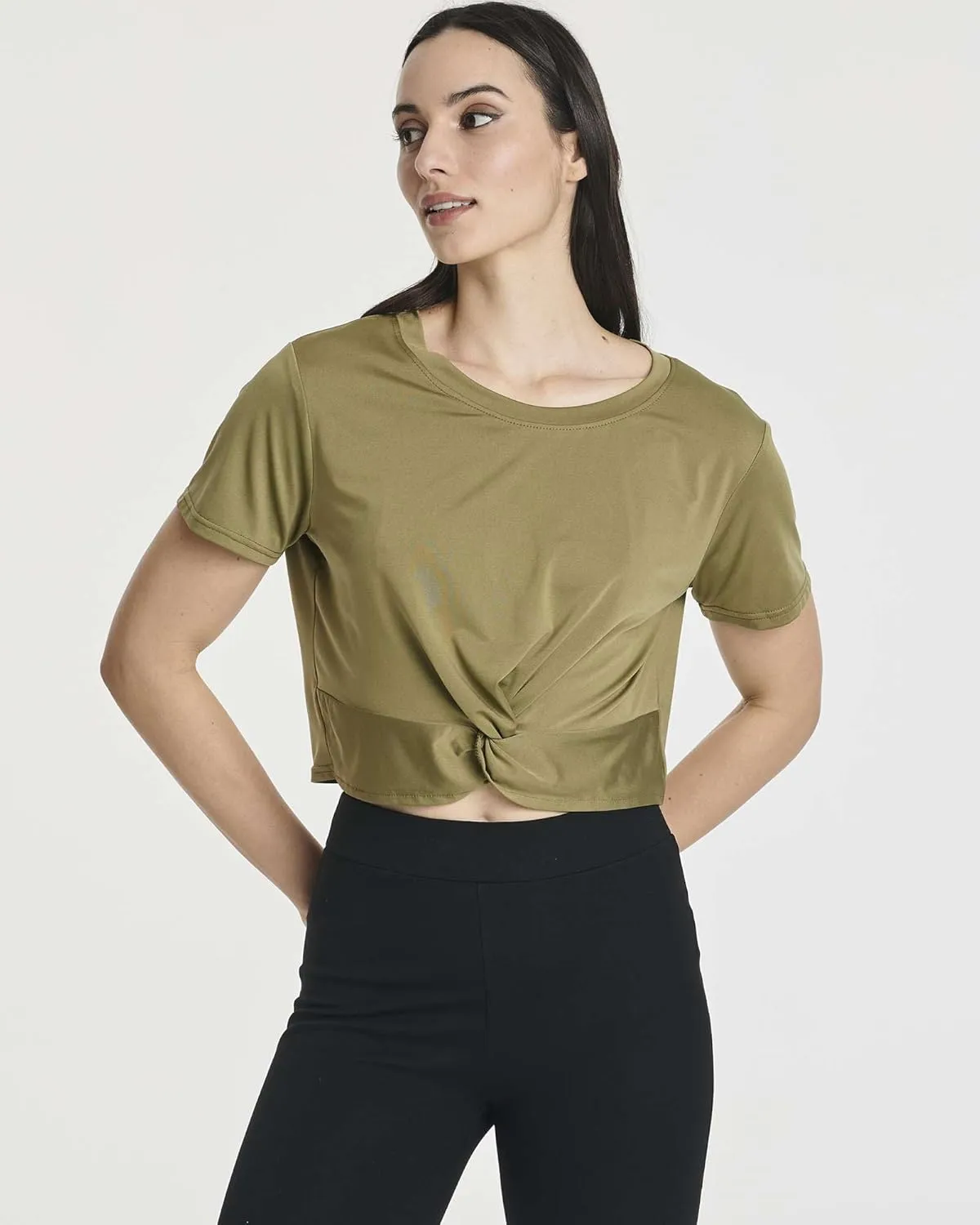 Real Essentials 5 Pack: Women's Short Sleeve Twist Front Crop Top Dry-Fit Athletic Crew Neck T-Shirt