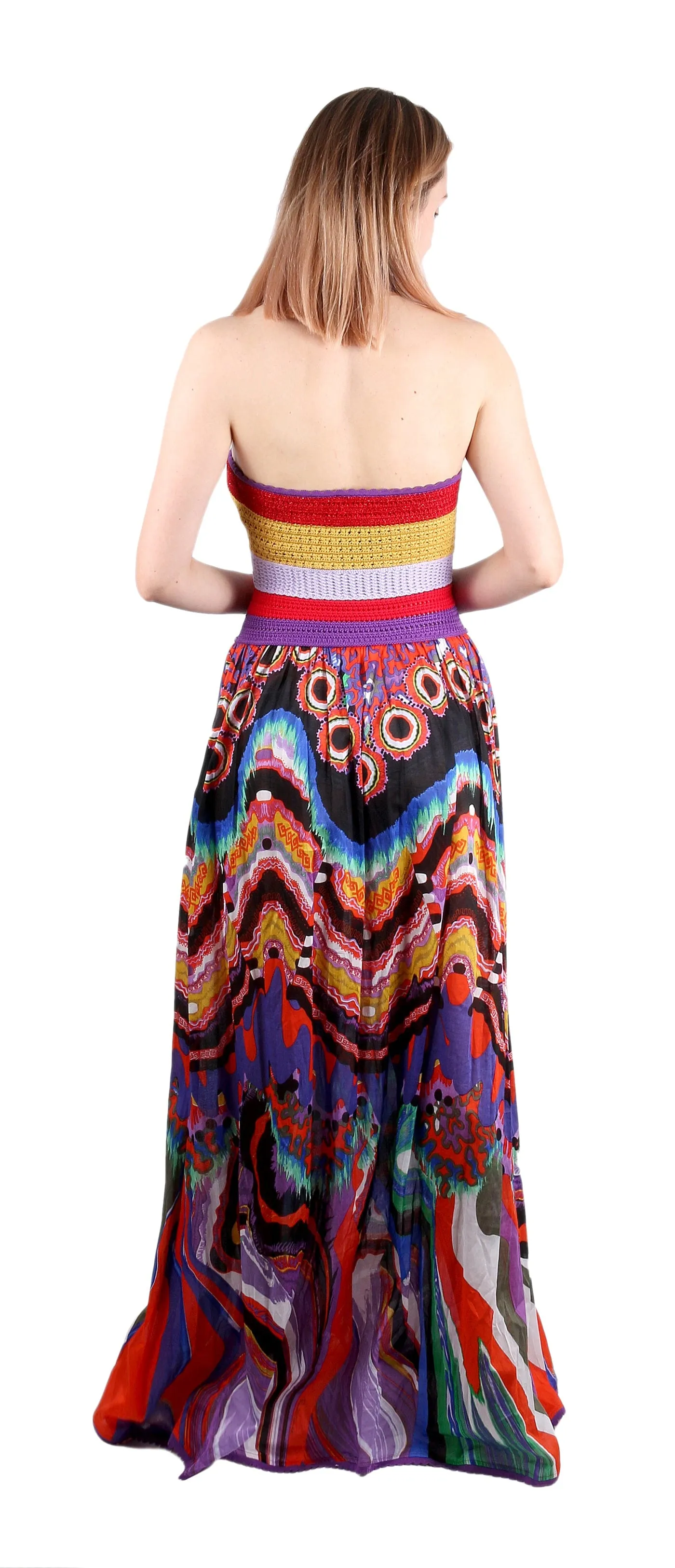 Roberto Cavalli Bohemian Multicolor Halter Maxi Dress Lace Up Front 38IT-4US