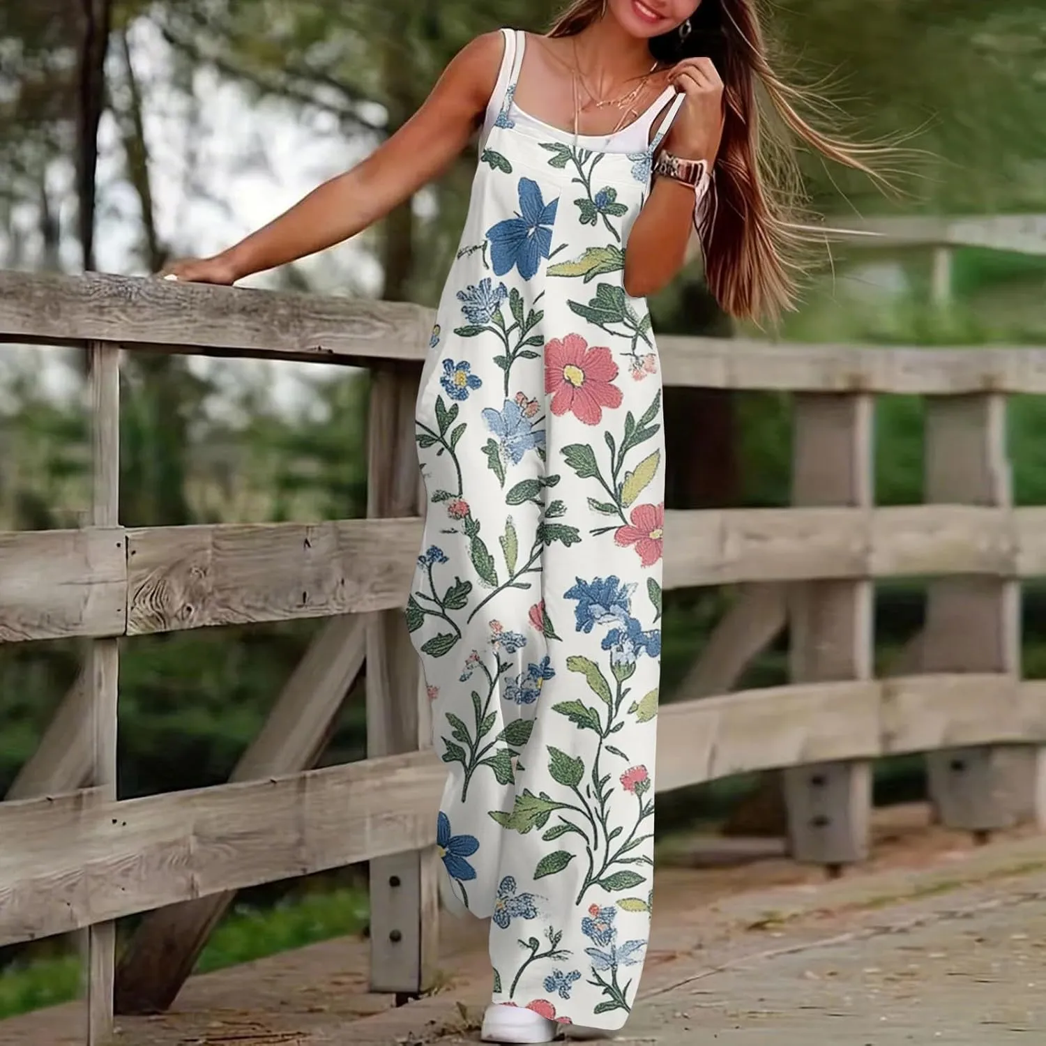 Rompers for Women 2025 Summer Casual Sleeveless Spaghetti Strap Jumpsuits Boho Wide Leg Long Trendy Overalls