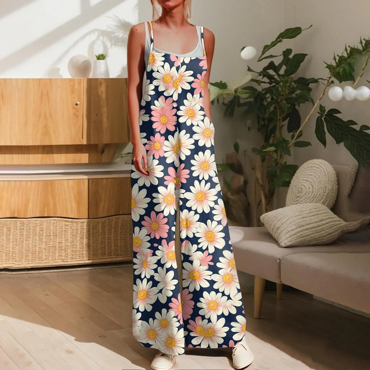 Rompers for Women 2025 Summer Casual Sleeveless Spaghetti Strap Jumpsuits Boho Wide Leg Long Trendy Overalls