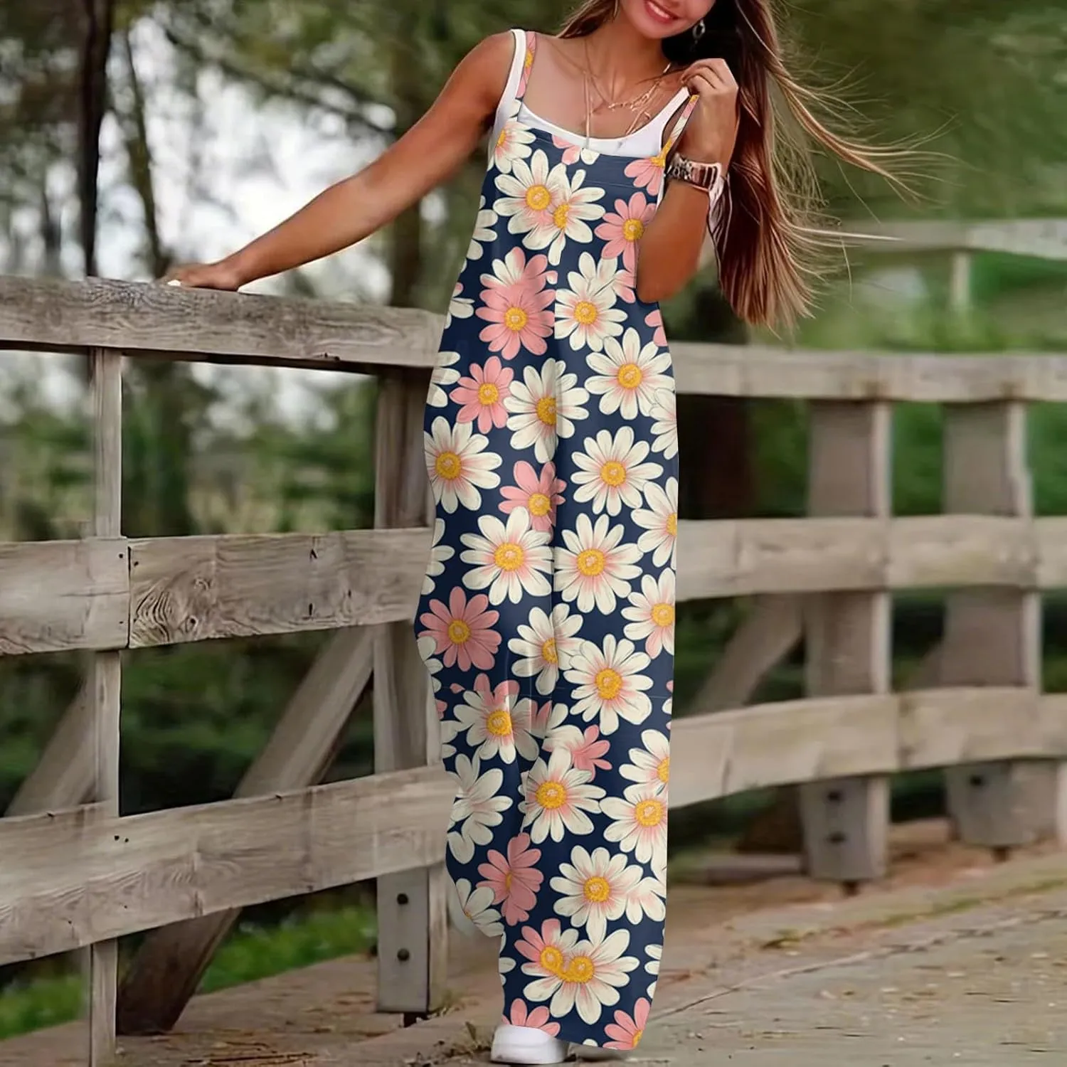 Rompers for Women 2025 Summer Casual Sleeveless Spaghetti Strap Jumpsuits Boho Wide Leg Long Trendy Overalls