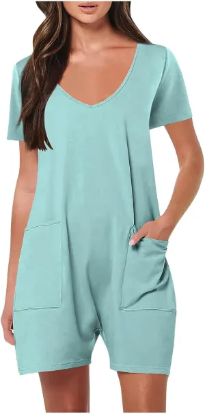 Rompers for Women Solid Color Shorts Sleeve V Neck Jumpsuit Casual Loose Shorts Outfits Beach Vacation Summer 2025