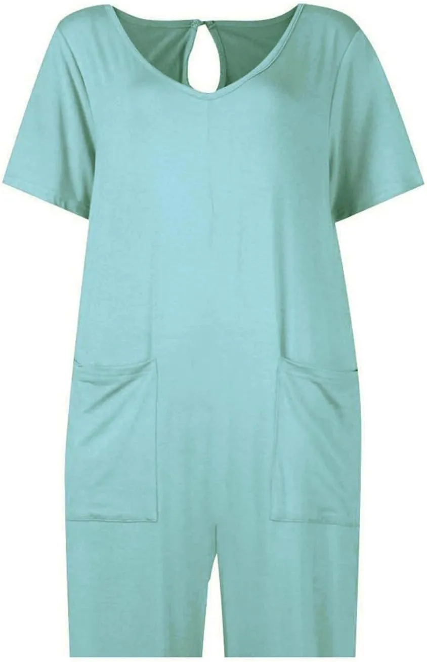 Rompers for Women Solid Color Shorts Sleeve V Neck Jumpsuit Casual Loose Shorts Outfits Beach Vacation Summer 2025