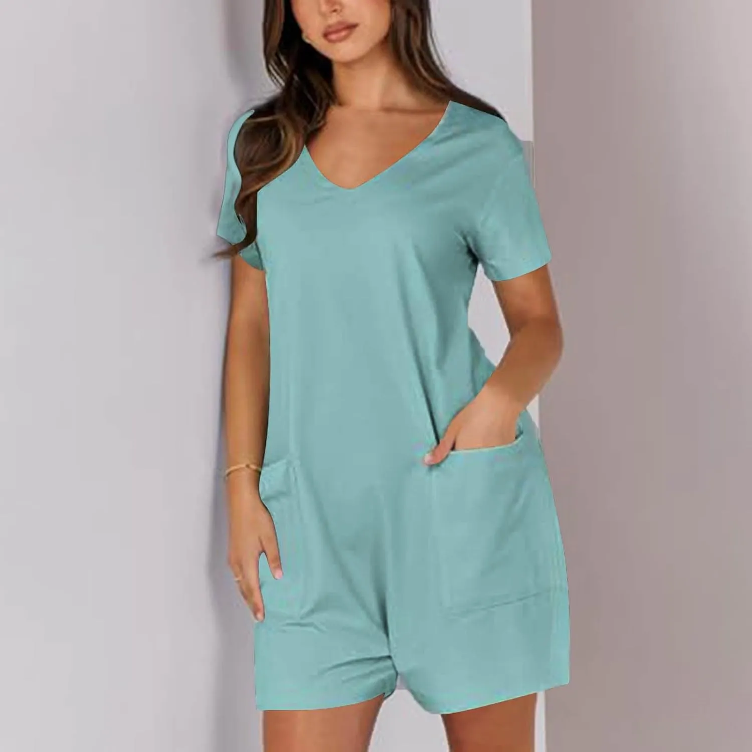 Rompers for Women Solid Color Shorts Sleeve V Neck Jumpsuit Casual Loose Shorts Outfits Beach Vacation Summer 2025