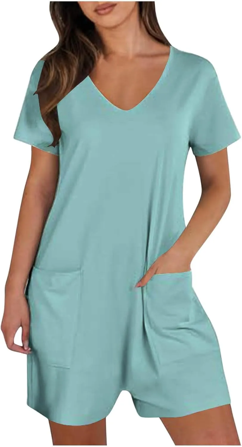 Rompers for Women Solid Color Shorts Sleeve V Neck Jumpsuit Casual Loose Shorts Outfits Beach Vacation Summer 2025