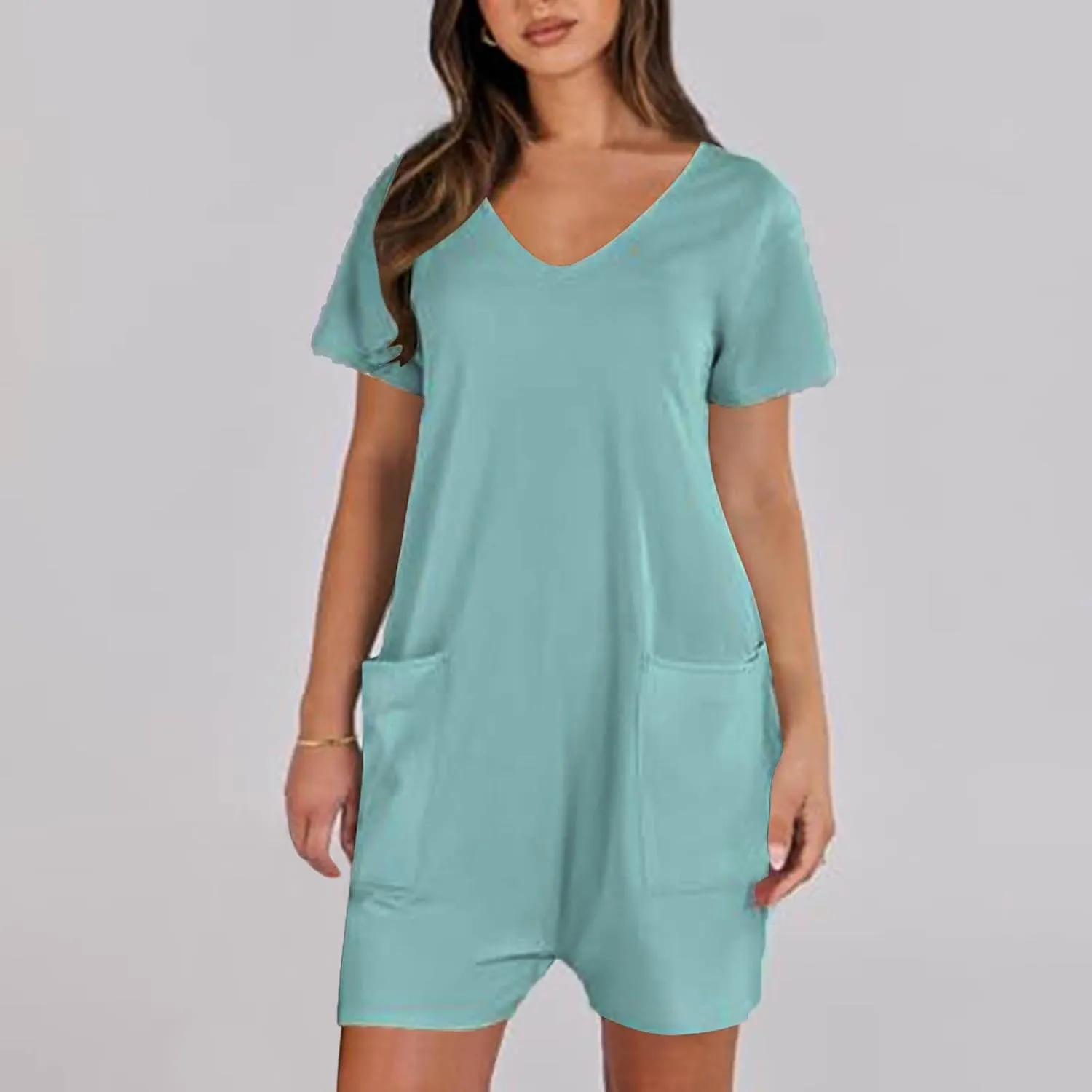 Rompers for Women Solid Color Shorts Sleeve V Neck Jumpsuit Casual Loose Shorts Outfits Beach Vacation Summer 2025