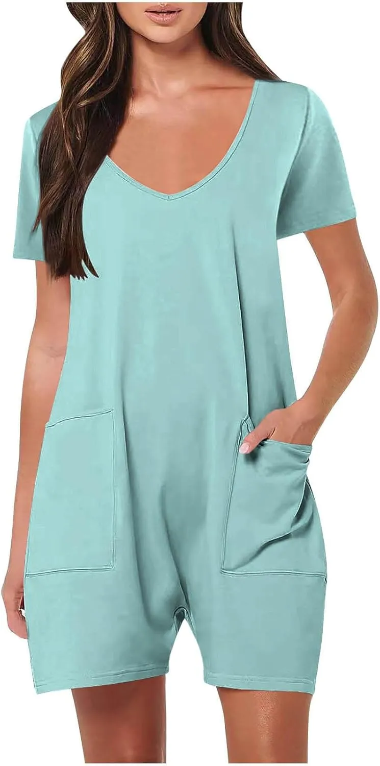 Rompers for Women Solid Color Shorts Sleeve V Neck Jumpsuit Casual Loose Shorts Outfits Beach Vacation Summer 2025