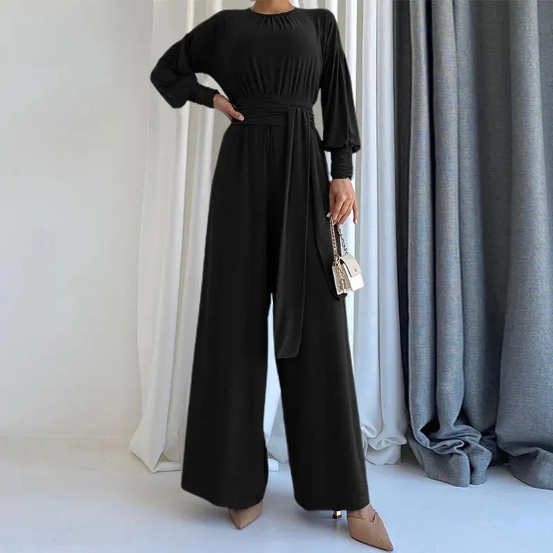 Round Neck Vintage Casual Wide Leg Jumpsuit