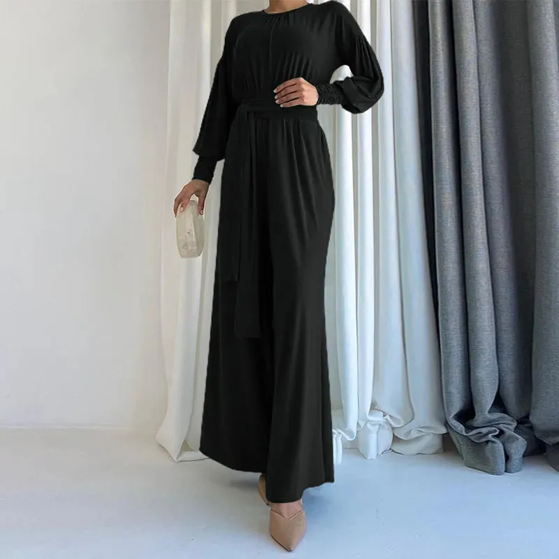 Round Neck Vintage Casual Wide Leg Jumpsuit