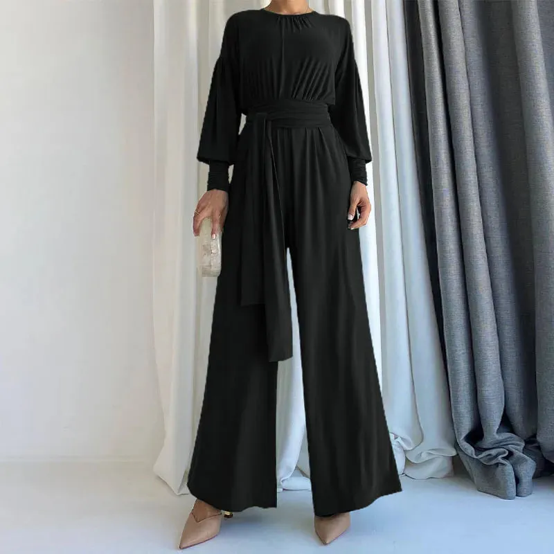 Round Neck Vintage Casual Wide Leg Jumpsuit