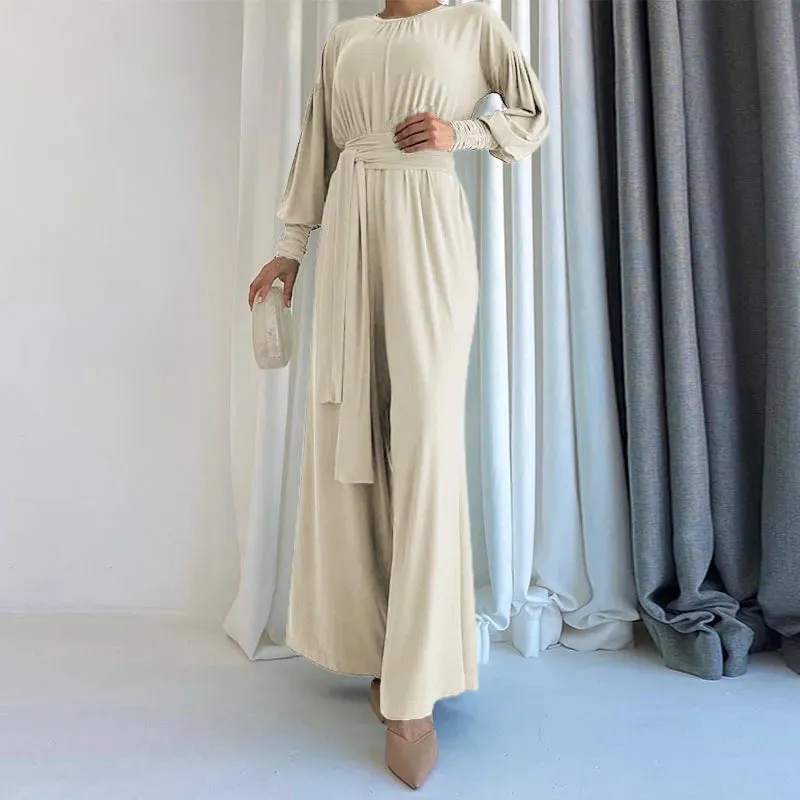 Round Neck Vintage Casual Wide Leg Jumpsuit