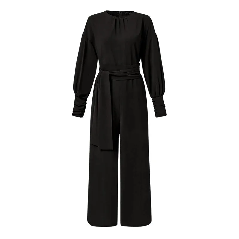Round Neck Vintage Casual Wide Leg Jumpsuit