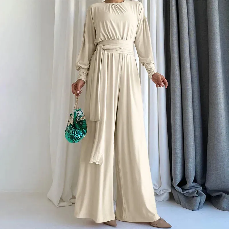 Round Neck Vintage Casual Wide Leg Jumpsuit