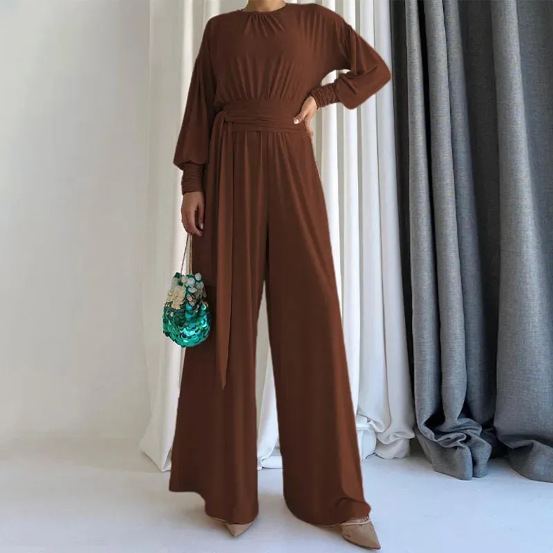 Round Neck Vintage Casual Wide Leg Jumpsuit