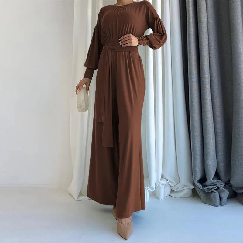 Round Neck Vintage Casual Wide Leg Jumpsuit